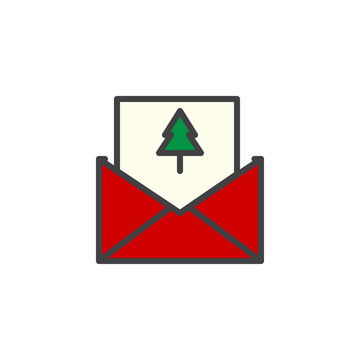 Merry Christmas card in an envelope filled outline icon, line vector sign, linear colorful pictogram isolated on white. Symbol, logo illustration. Pixel perfect vector graphics