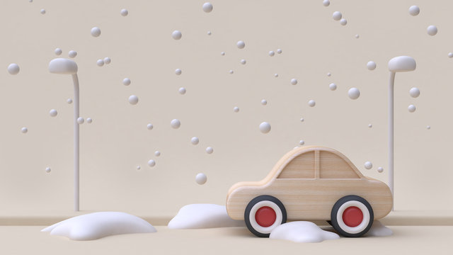 abstract car on road wood toy winter new year concept 3d rendering
