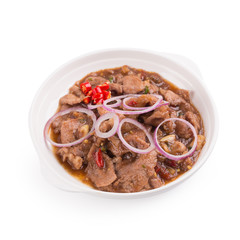 Stir Fried Pork with Shrimp Paste , Thai Food isolated on white background