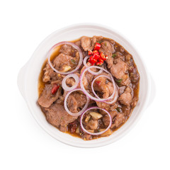 Stir Fried Pork with Shrimp Paste , Thai Food isolated on white background