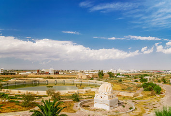 Aghlabid Basins, reservoir outside city walls. Panorama view from above. Kairouan, Tunisia