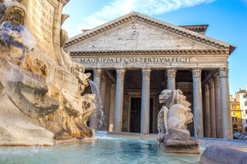 Fototapeta na wymiar Ancient Roman Pantheon temple, view from fountain - Rome, Italy