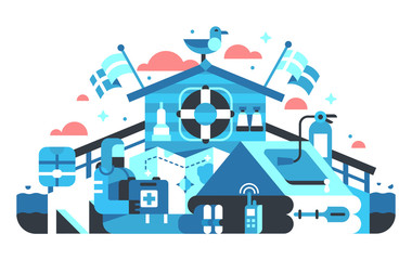 Flat-styled illustration of marine equipment placed on the deck with blue, black and pink elements