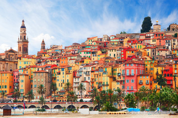 View on old part of Menton, Provence-Alpes-Cote d'Azur,  France. - obrazy, fototapety, plakaty