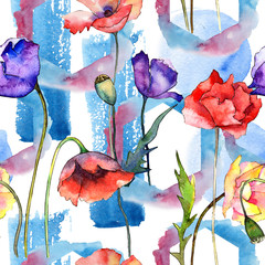 Wildflower poppy flower pattern in a watercolor style. Full name of the plant: poppy, papaver, opium. Aquarelle wild flower for background, texture, wrapper pattern, frame or border.