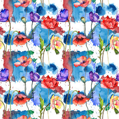 Wildflower poppy flower pattern in a watercolor style. Full name of the plant: poppy, papaver, opium. Aquarelle wild flower for background, texture, wrapper pattern, frame or border.