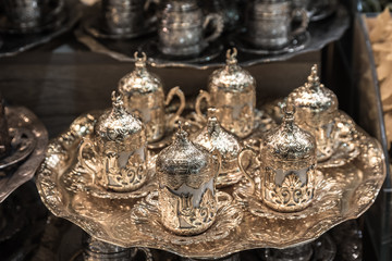 Traditional Turkish handmade silver or copper coffee sets