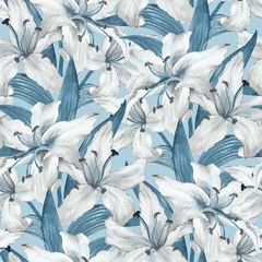 Pattern with lilies 5. Floral seamless watercolor background with white flowers.
