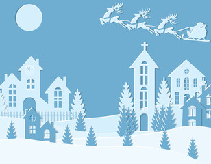 Fototapeta na wymiar New Year Christmas. An image of Santa Claus and deer. Winter city. on New Year s Eve. Snow, moon, trees, houses, temple. illustration