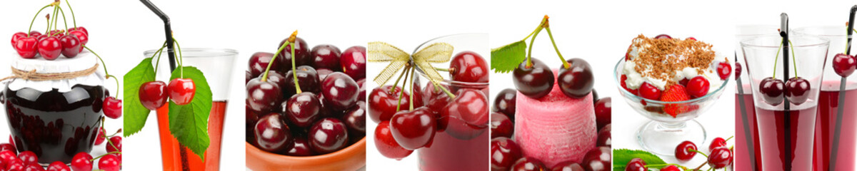Juicy cherries,, juice and jam isolated on white background. Panoramic collage.