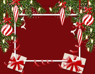 New Year s Christmas. Flyer, business cards, postcards and garlands. Without a mesh and gradient. Striped balls, gifts and icicles. Green branches of a tree of a tree. illustration