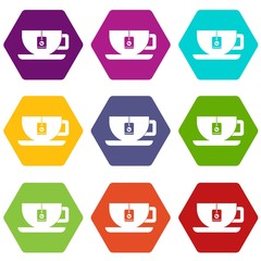 Cup of tea with tea bag icon set color hexahedron