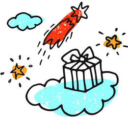Linear illustration of a handmade-style Doodle with a picture of a gift on a cloud against a background of stars and clouds. For a festive new year's posters, cards and invitations