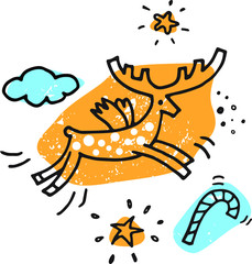 Illustration of a flying Christmas reindeer on the background of clouds and stars. Line graph of manual work. For invitations, posters, postcards, children's interior