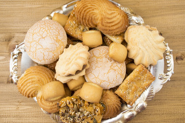 Many different in shape, size and taste of various shortbread cookies.