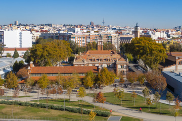 Obraz premium Cultural center called La Casa del Reloj, in the Madrid area known as Madrid-rio, next to the Manzanares river