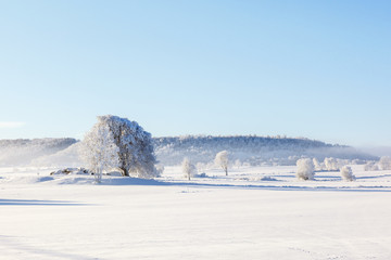 Winter landscape over a rural landscape with fields and hills