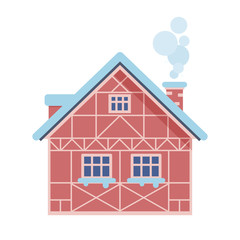 Countryside winter house with smoking chimney icon. Half-timbered home or rural snow cottage building in cartoon style. Alpian chalet isolated on white background.