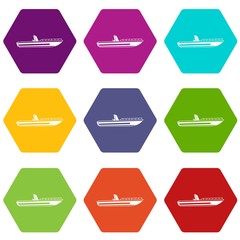 Motor speed boat icon set color hexahedron