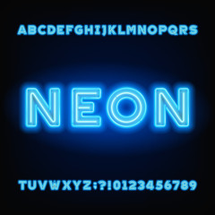 Neon tube alphabet font. White and blue color bold letters and numbers. Stock vector typeset for your headers or any typography design.