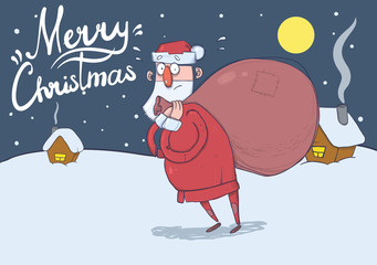 Christmas card with funny confused Santa Claus with big bag in the snowy night in front of festive houses under the Moon. Horizontal vector illustration. Cartoon character. Lettering. Copy space.