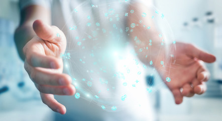 Businessman using holograms datas digital sphere 3D rendering