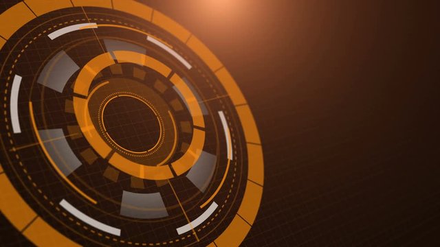 Futuristic HUD Opener Orange 
Modern user interface intro scene. 
While the interface performs analysis write an introductory text on the right. Add a logo or final text at the end.

