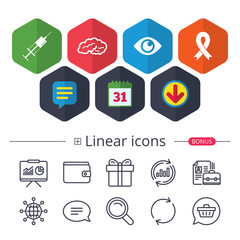 Medicine icons. Syringe, eye, brain and ribbon.