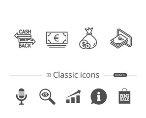 Money bag, Cashback and ATM line icons.