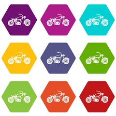 Motorcycle icon set color hexahedron