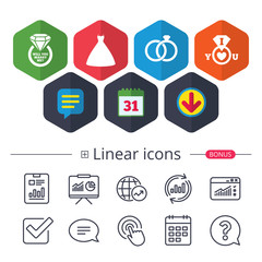 Wedding dress icon. Bride and groom rings symbol.