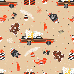Merry Christmas seamless pattern with christmas tree on car and decorative elements