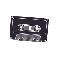 Vector illustration. Silhouette of retro audio cassette. Analog media for recording and listening to stereo music. Old-fashioned tape cassette. Isolated  pattern on white background