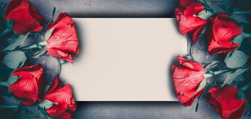 Red roses mock up banner on gray desktop background, top view.  Layout for Valentines day, dating...