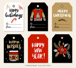 Christmas gift tag with calligraphy. Handwritten modern brush lettering: Merry Christmas, Happy Holidays, New Year, Cheers. Hand drawn design elements.