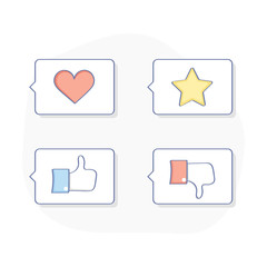 Most common used speech thought bubbles, review, opinion and feedback icon concept. Thumb up or like, thumb down and dislike, bookmark, love icons.