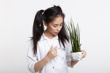 Focused beautiful young Asian woman biologist in white uniform holding plant pot and syringe while...