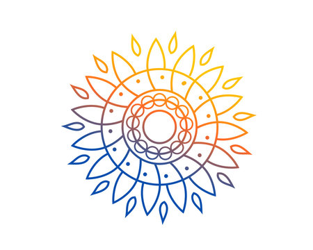 indian sun mandala logo, mandala with rays illustration, sign design, isolated on white background.  