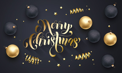 Merry Christmas golden decoration, hand drawn calligraphy gold font for greeting card premium black background design. Vector Christmas or New Year winter holiday shiny gold star confetti decoration