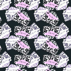 Cute seamless love pattern with letters, envelopes, hearts and post stamp imprints on black background. I love you. Backdrop texture design for web, print and textile.