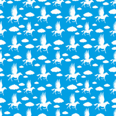 Seamless background with pegasuses and clouds.