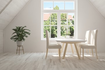 White dinner room with summer landscape in window. Scandinavian interior design. 3D illustration