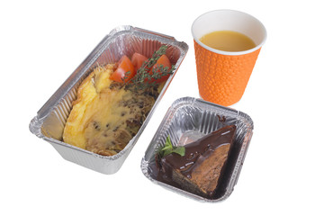 Omelet with dessert and juice.