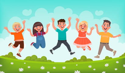 Happy children are jumping. Concept of carefree childhood and joy. Vector illustration in cartoon style