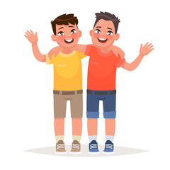 Two boys hugged and waved hands. Best friends. Vector illustration in cartoon style