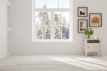 Fototapeta na wymiar Idea of white minimalist room with shelf. Scandinavian interior design. 3D illustration