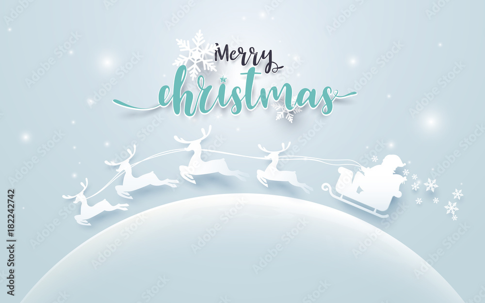 Poster santa claus in a sledge and reindeer on moon with merry christmas text on soft blue background. pape