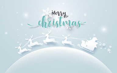 Fototapeta na wymiar Santa Claus in a Sledge and Reindeer on moon with Merry Christmas text on soft blue background. Paper art and craft Style