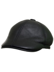 Black leather beret flat-crowned hat isolated over the white background