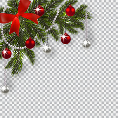 New Year Christmas. A green branch of a Christmas tree with toys with a shadow. Corner drawing. Blue onions, silver and red balls on a checkered background. illustration